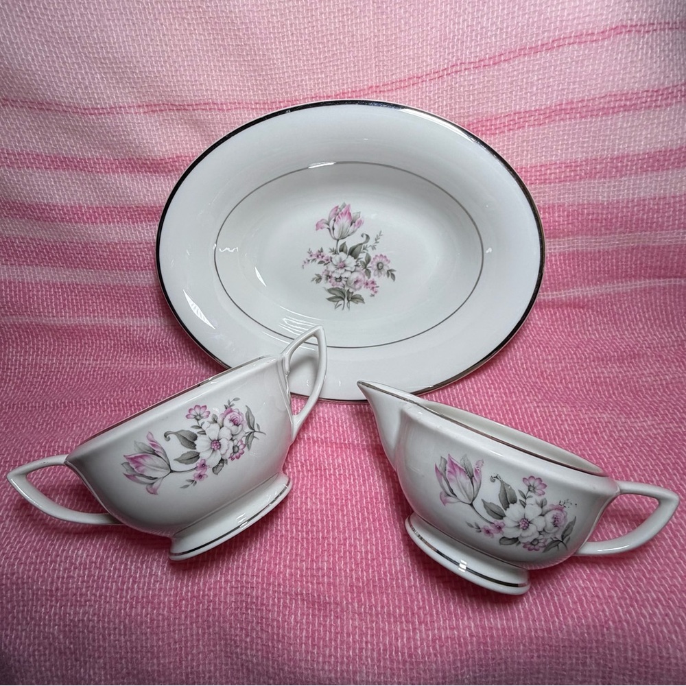 Vintage Pink Floral Serving Bowl Creamer Sugar Embassy USA Vitrified China Set